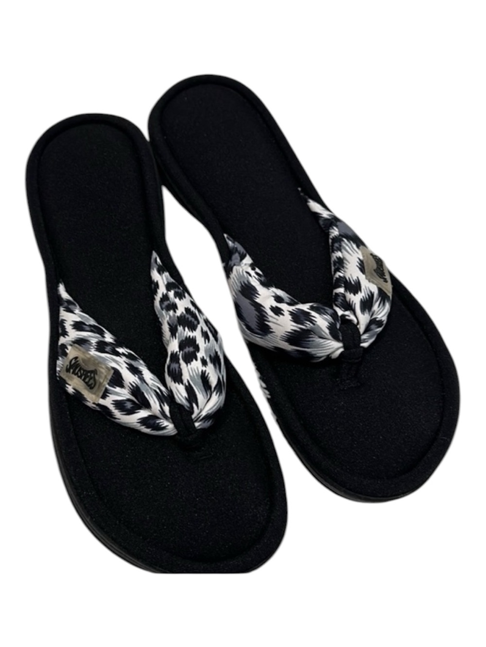 Lazee Dogs Sz6 Womens Black Flip Flops w/Black & White Leopard Print Strap EUC